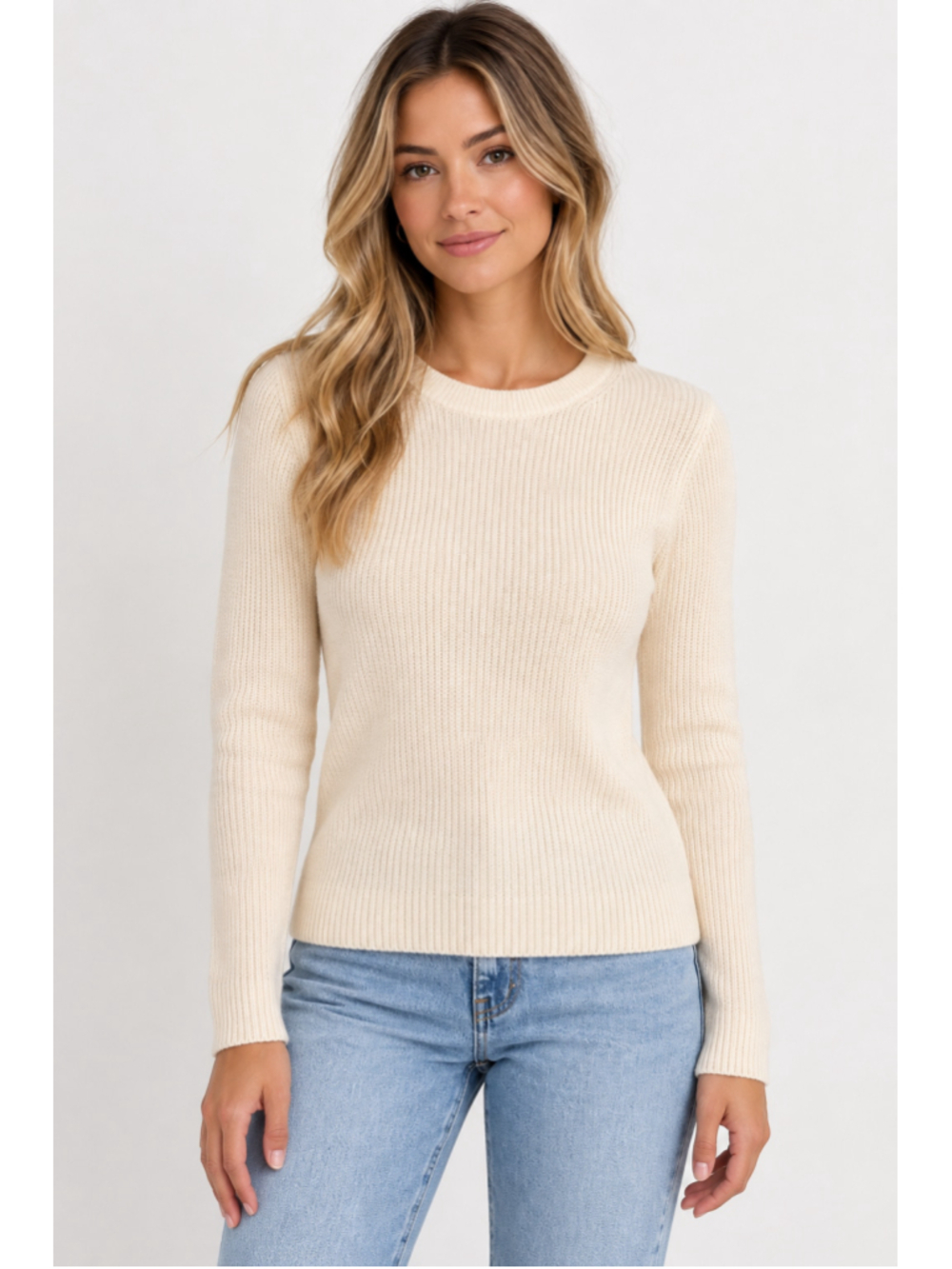 Aritzia Wilfred Etta Sweater Small Cream Merino Wool Ribbed Crewneck Pullover